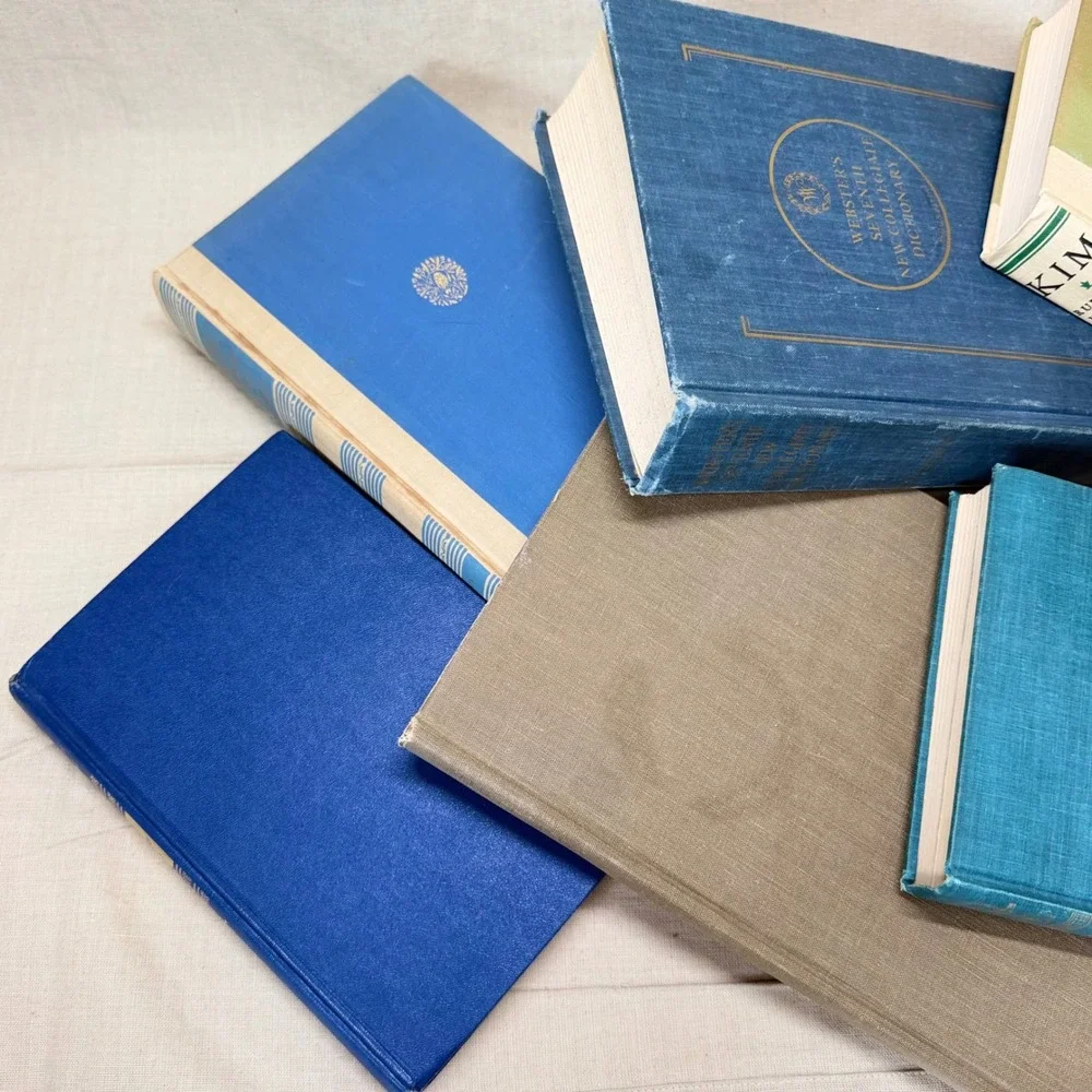 Vintage Blue and Neutral Decorative Book Bundle Set of 7 Hardcover Books Decor